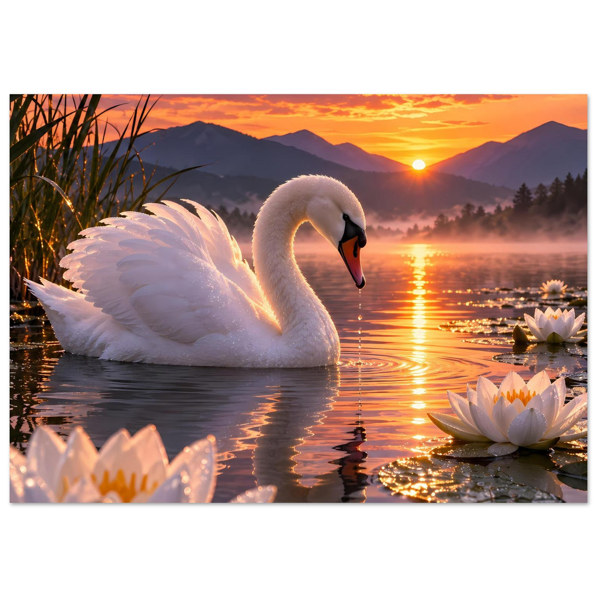 Poster im Querformat: Weißer Schwan im Wasser zwischen Seerosen bei goldenem Abendhimmel