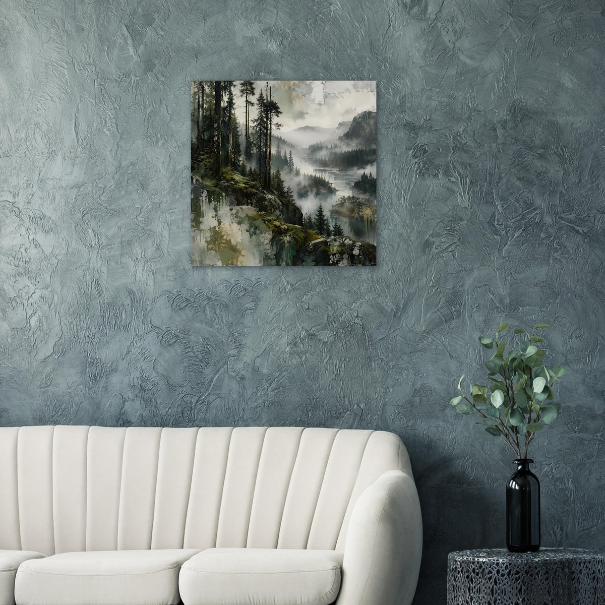 Wandposter mit Waldlandschaft, Tannen und Nebel im Farbverlauf, rechteckig