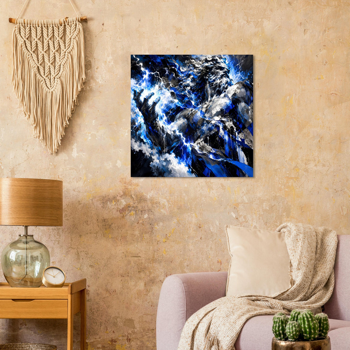 Quadratisches Blitz-Poster mit blauem Lichtblitz und weißen Spritzern im schwarzen Rahmen