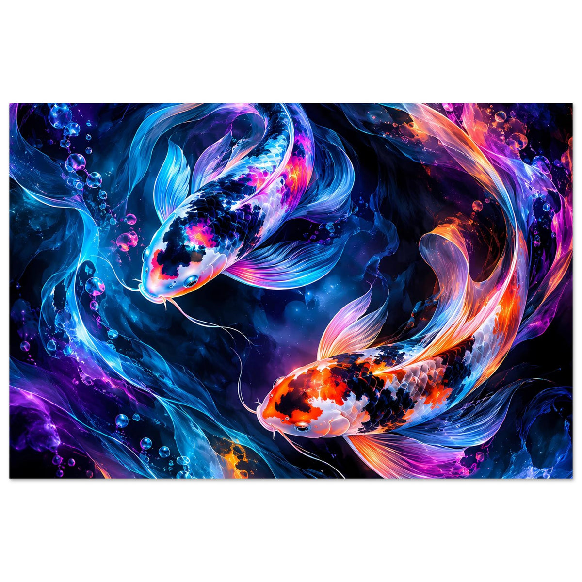 Querformat-Poster mit leuchtendem Koi-Paar, Flossen in Blau, Lila und Orange mit Lichtglanz
