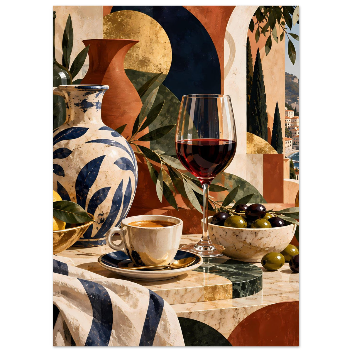 Poster mit mediterraner Tischszene: Vase, Weinglas, Tasse, Oliven und Weinflasche links