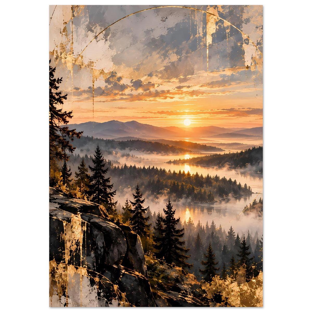 Landschaftsposter, vertikal: Sonnenuntergang über Bergen, Tannenwald und Nebel