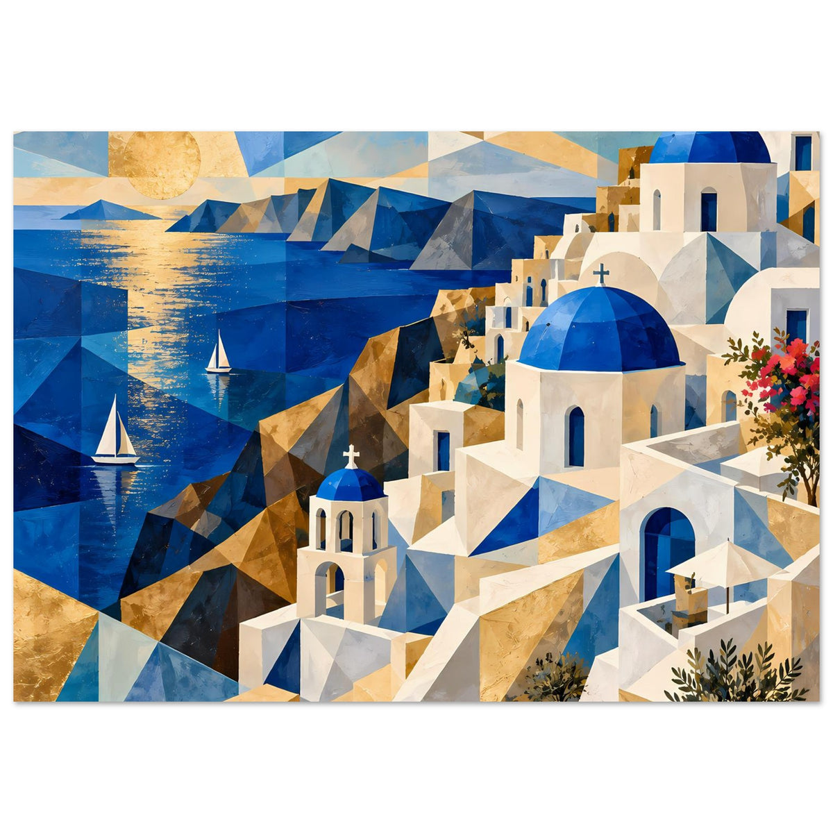 Querformatiges geometrisches Poster: goldene und blaue Mosaikflächen, weiß-blaues Gebäudeensemble