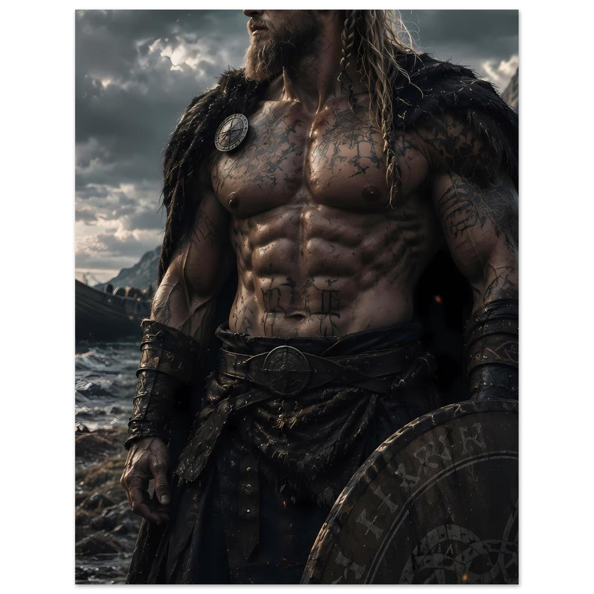 Fantasy-Poster: nordischer Wikingerkrieger mit Schild, Fellmantel, tätowierter Oberkörper