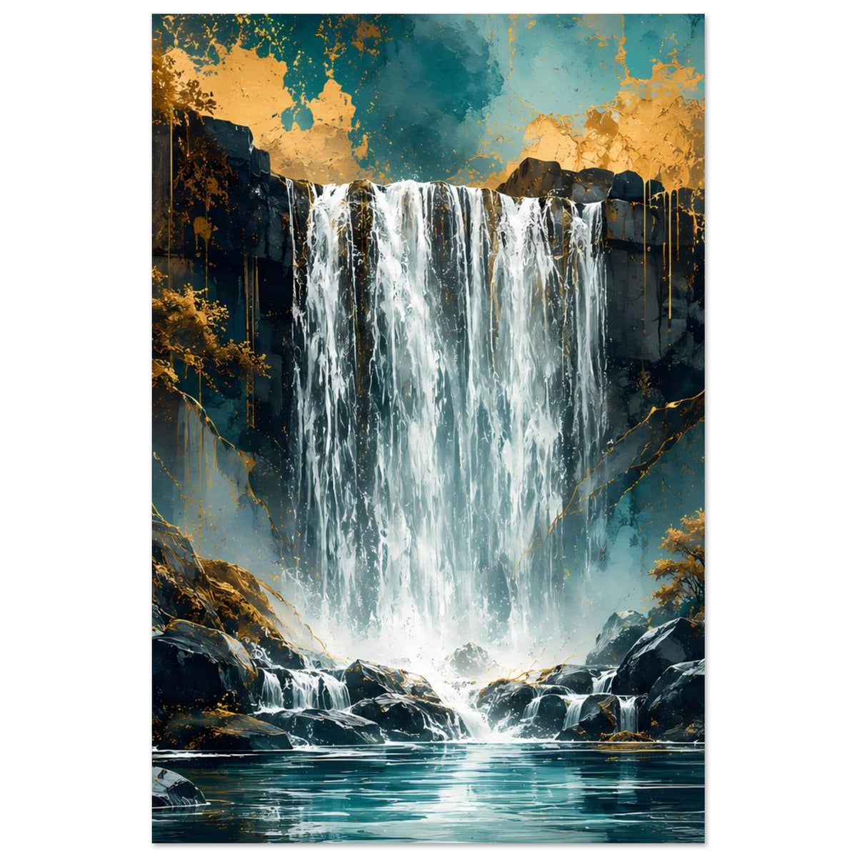 Wasserfall-Poster im Hochformat: türkisfarbener Wasserfall über Felsen, goldene Sprenkel