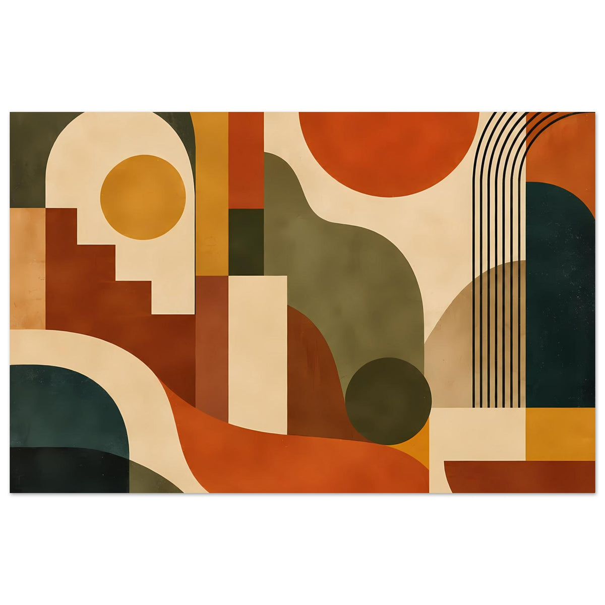 Abstrakter Poster: warmes Geometrie-Motiv mit Kreisen, Rechtecken und Linien in Braun, Grün, Rot