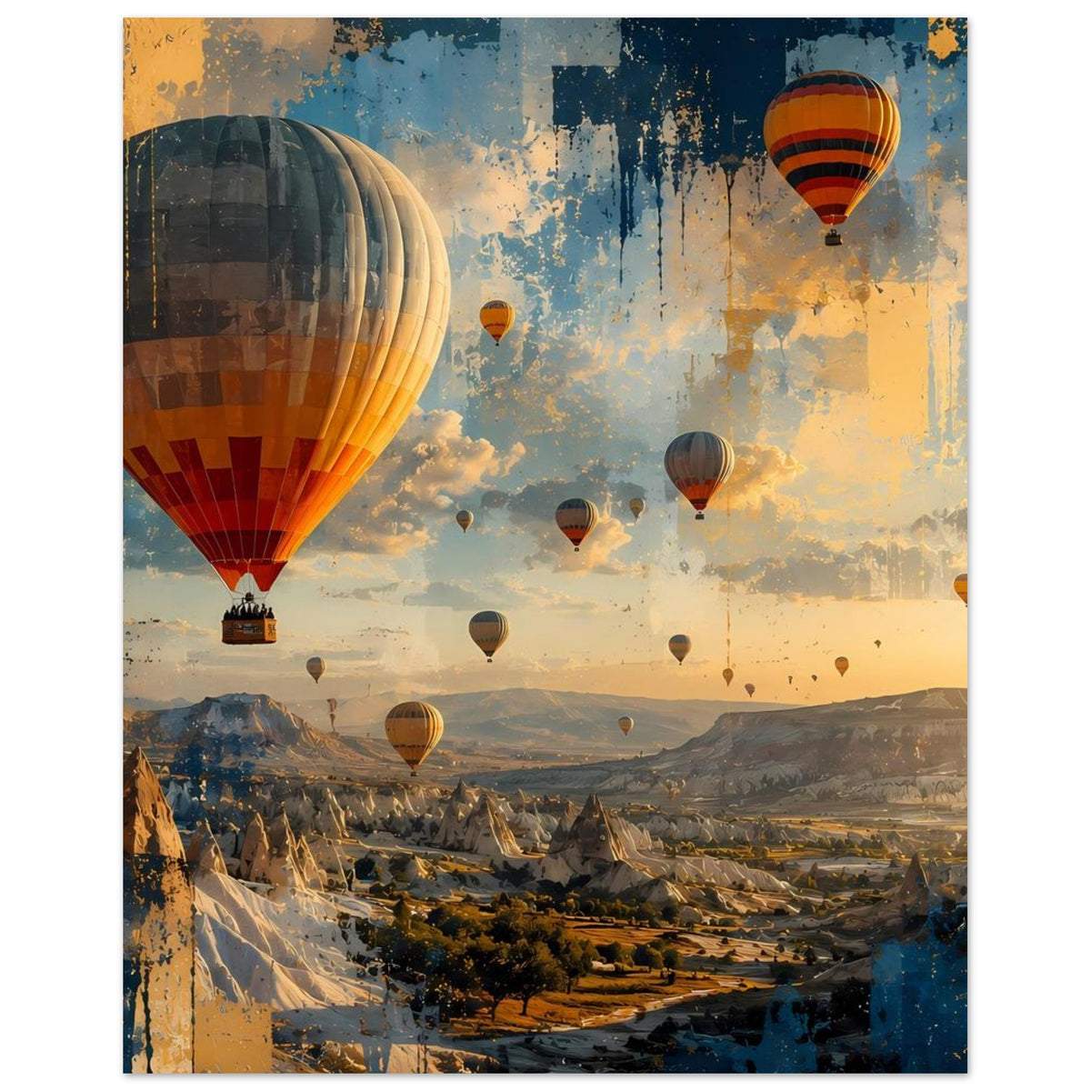 Poster mit großem Heißluftballon links und mehreren Ballons am Himmel, Landschafts-Collage