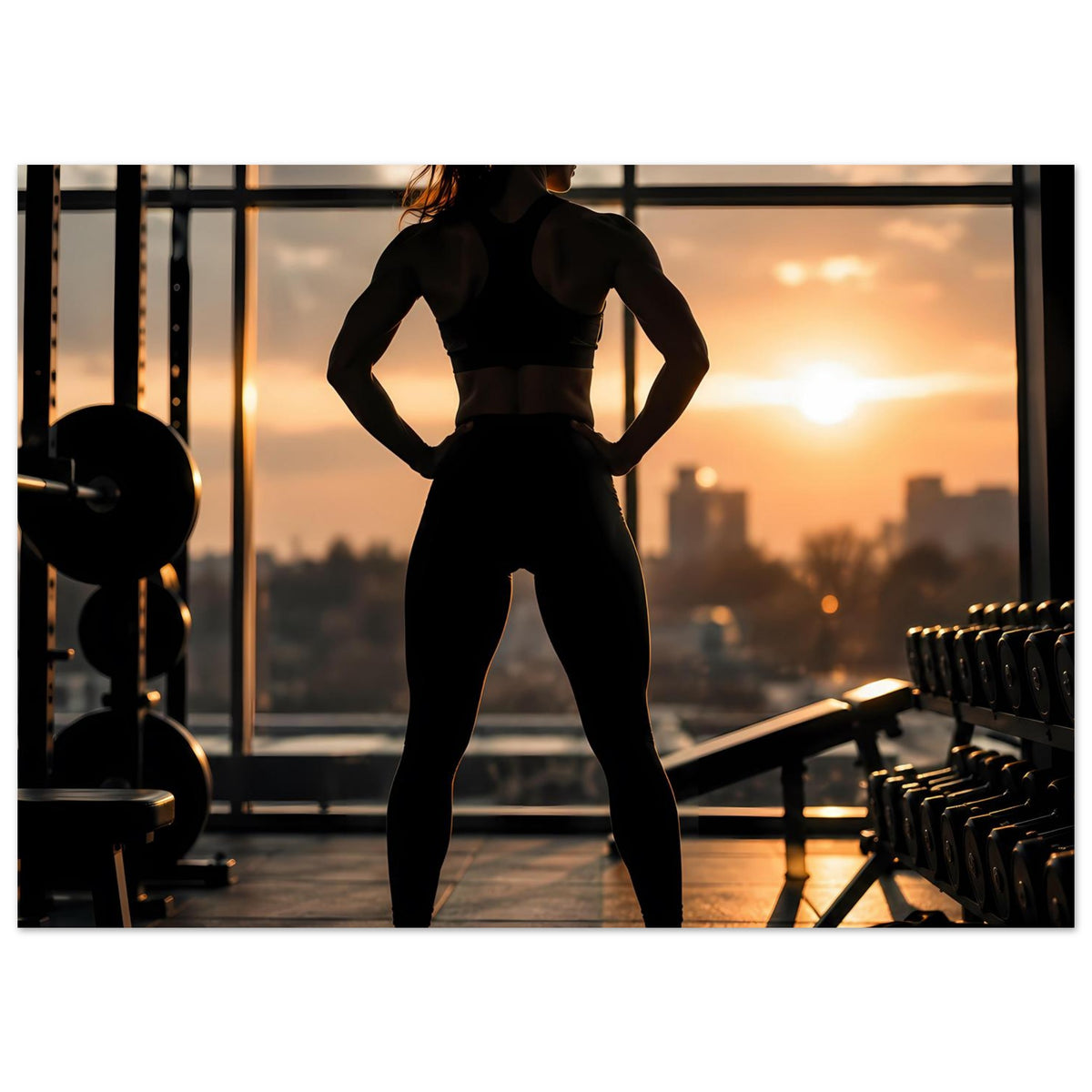 Fitness-Poster: schwarze Silhouette einer Frau vor Trainingsgeräten, Sonnenuntergang im Hintergrund