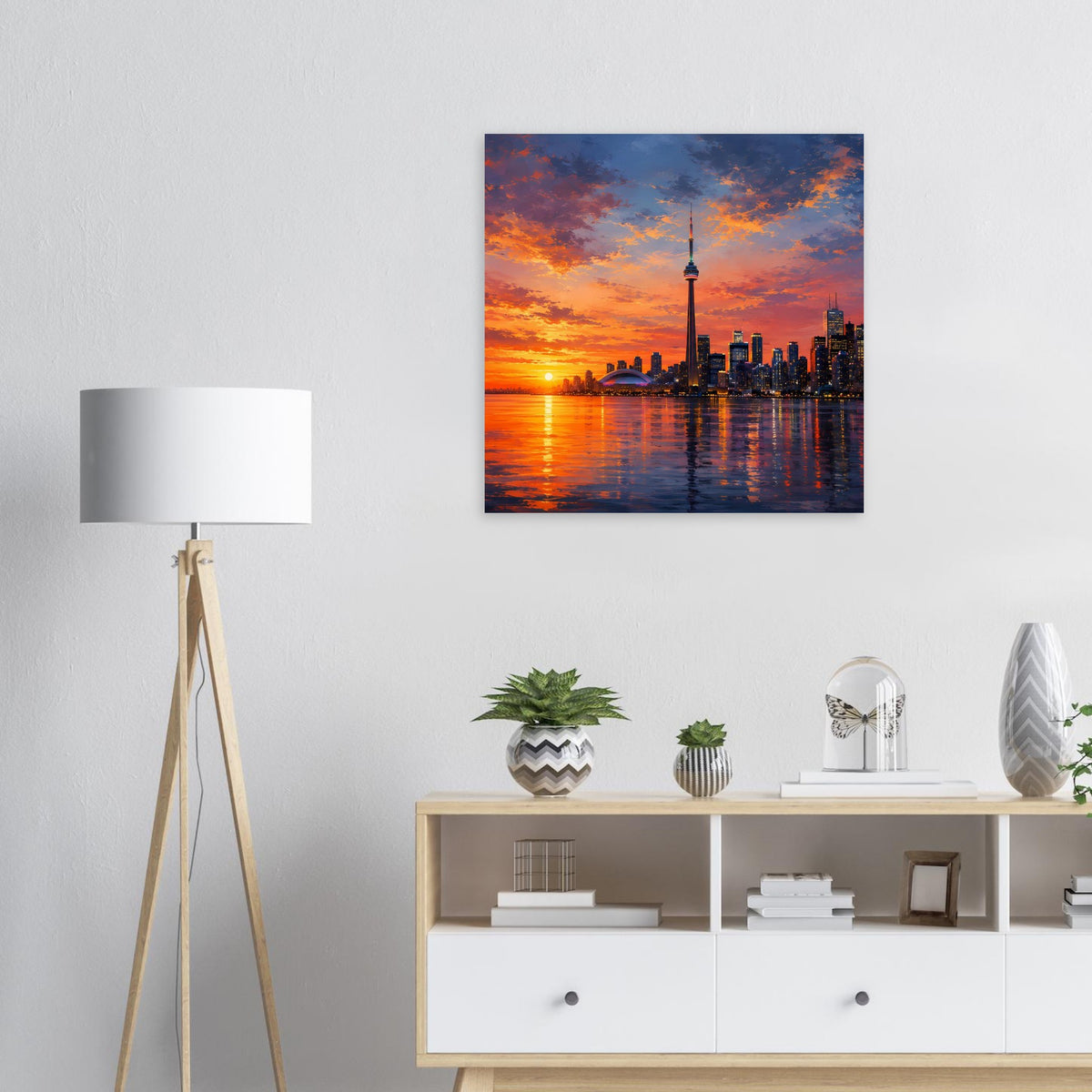 Poster mit Skyline bei Sonnenuntergang, Flussreflexionen und Fernsehturm über der Stadt.