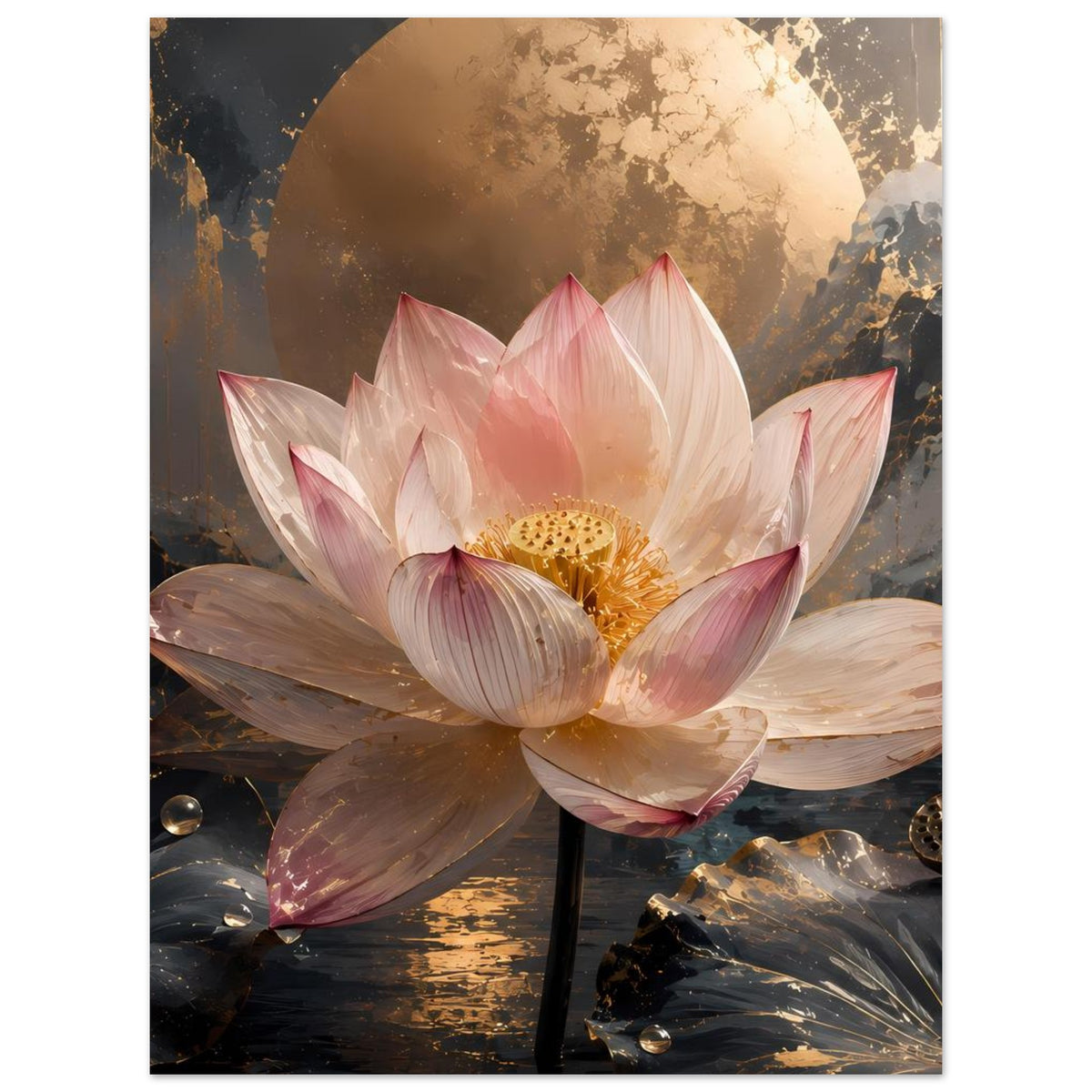 Poster: große rosa Lotusblüte mit goldener Mitte vor goldener Mondsichel, dunkle Blätter