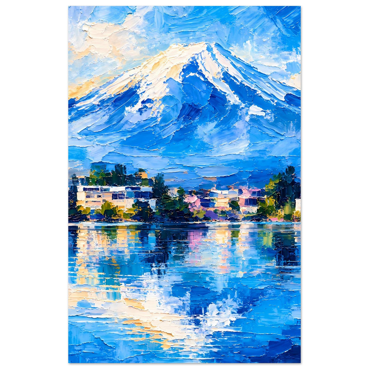 Poster mit Berglandschaft, vertikal: blauer Gipfel, Stadt am See und Reflexionen