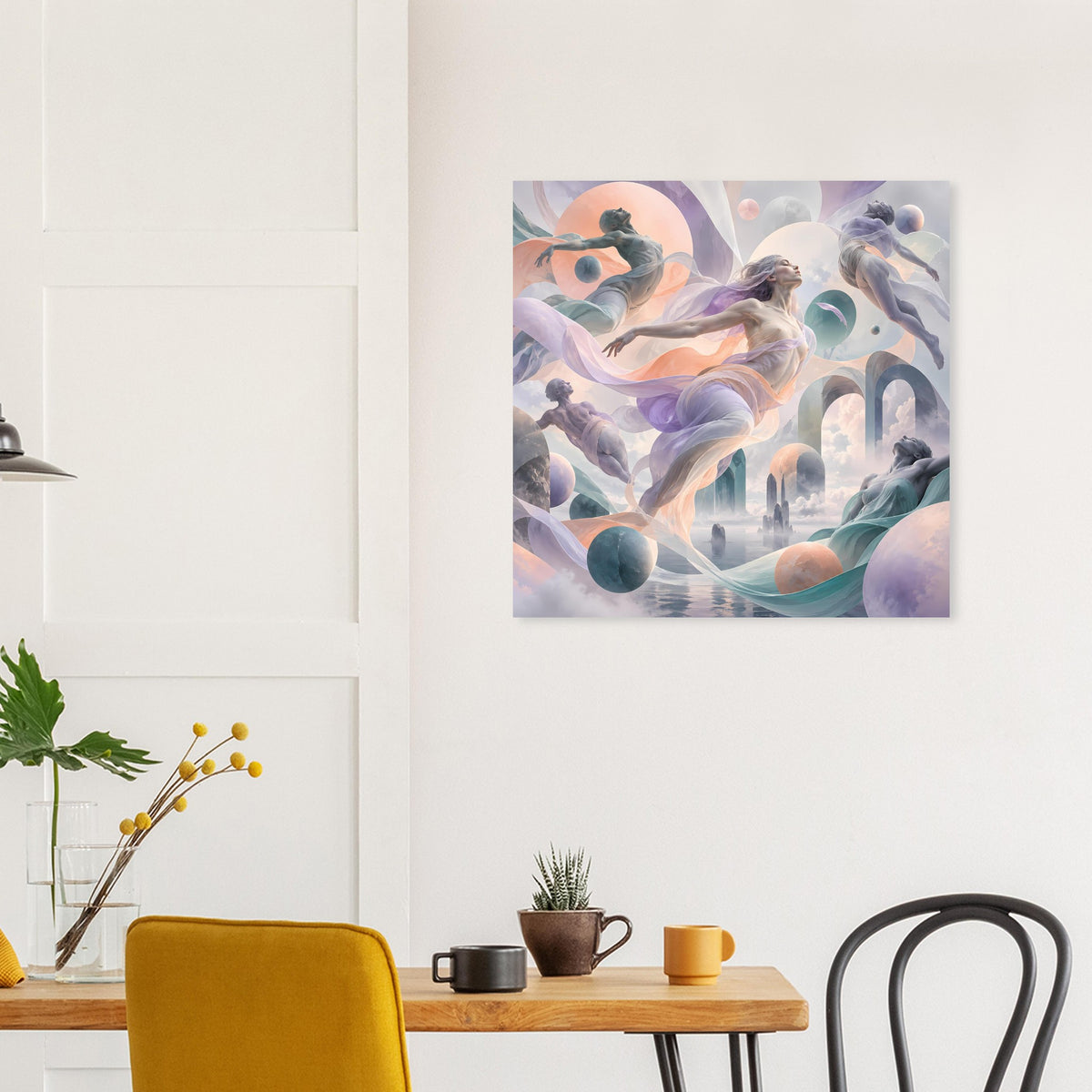Quadratischer Kunstdruck mit abstraktem Tanzmotiv in Pastellrosa, Blau und Violett