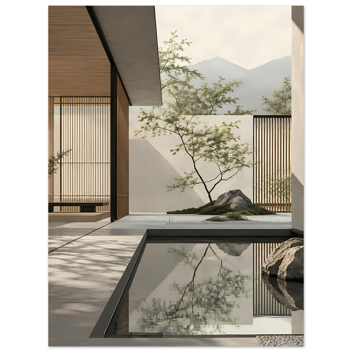 Minimalistische Zen-Wandkunst mit natürlichen und architektonischen Formen