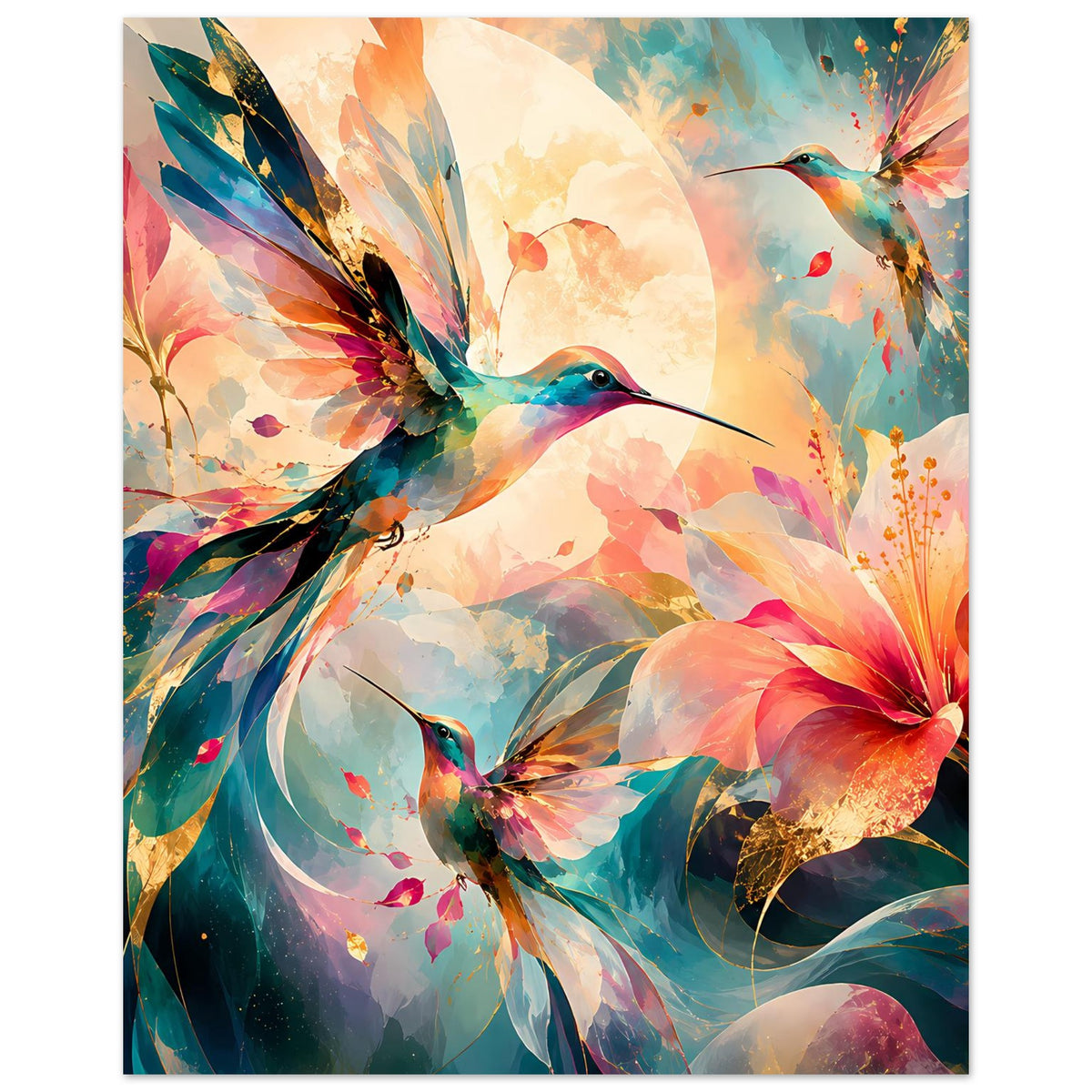 Kunstposter im Hochformat mit Kolibris zwischen bunten Blüten und Farbnebeln