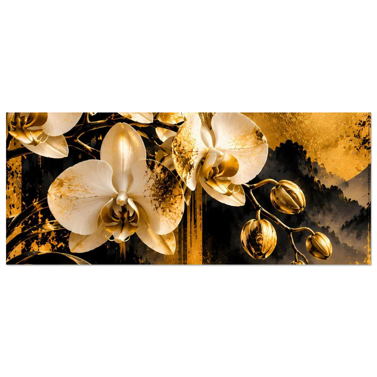 Orchideen-Premiumposter, breitformatig: weiße Blüten und goldene Kreiselemente