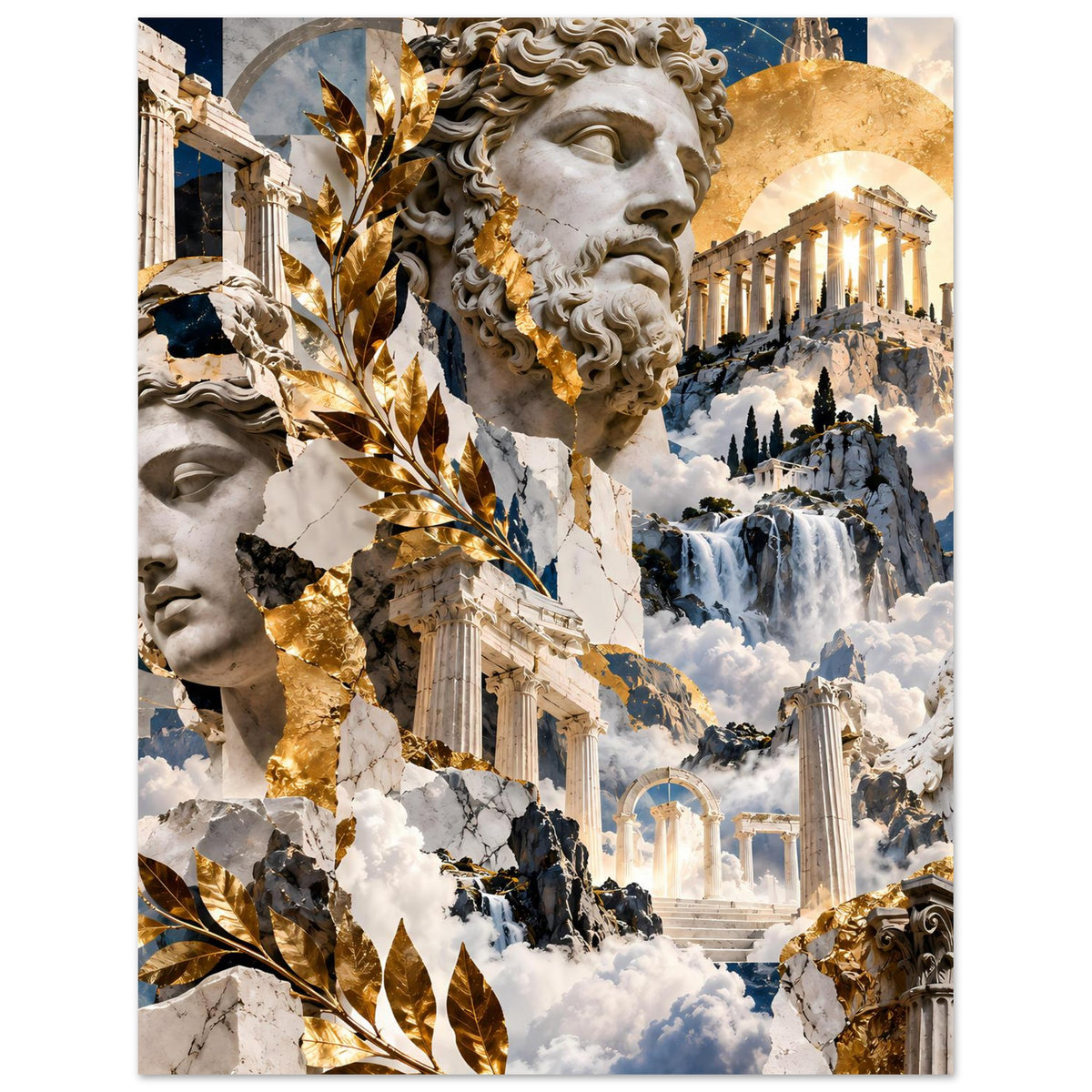 Griechisches Mythologie-Collageposter mit Kopfstatue, Säulenruinen, goldenem Dekor und Wolken