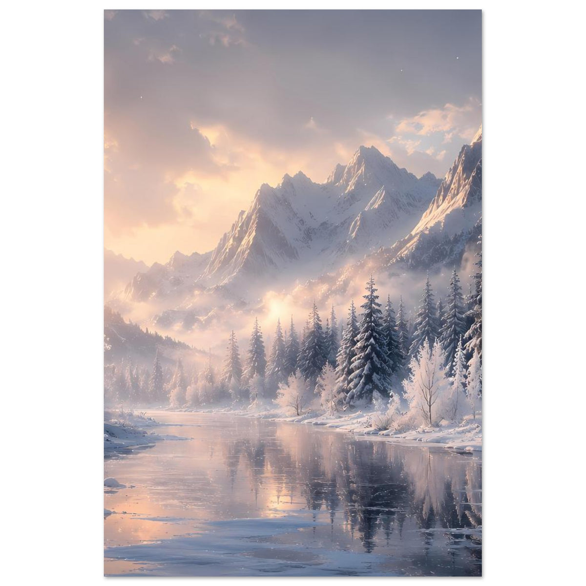 Winterlandschaft-Poster im Hochformat: Berge, Tannenwald und spiegelglattes Wasser im Abendlicht