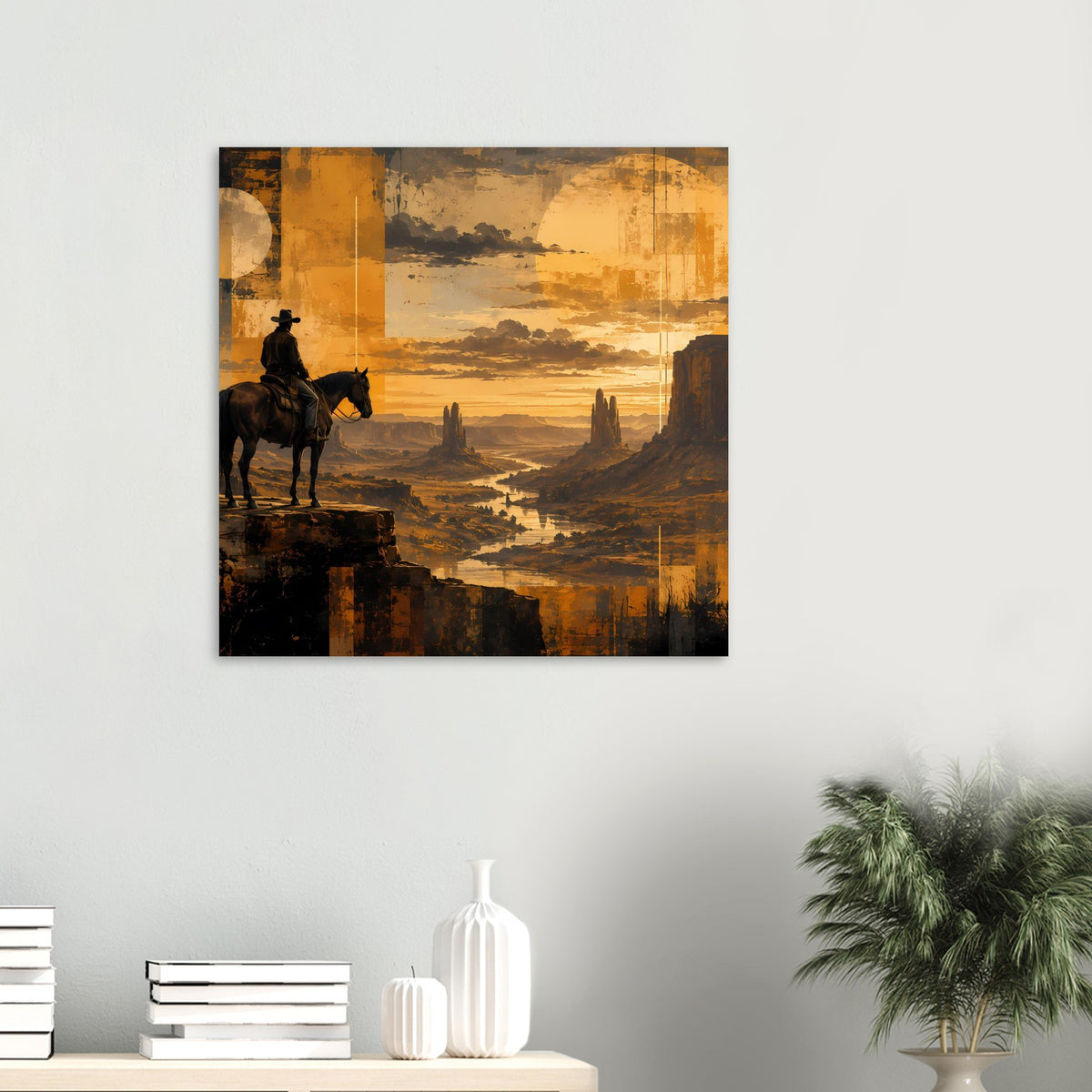 Western-Sunset-Poster mit Reiter auf Pferd, Abendhimmel in Gelb‑Orange, schwarzer Rahmen