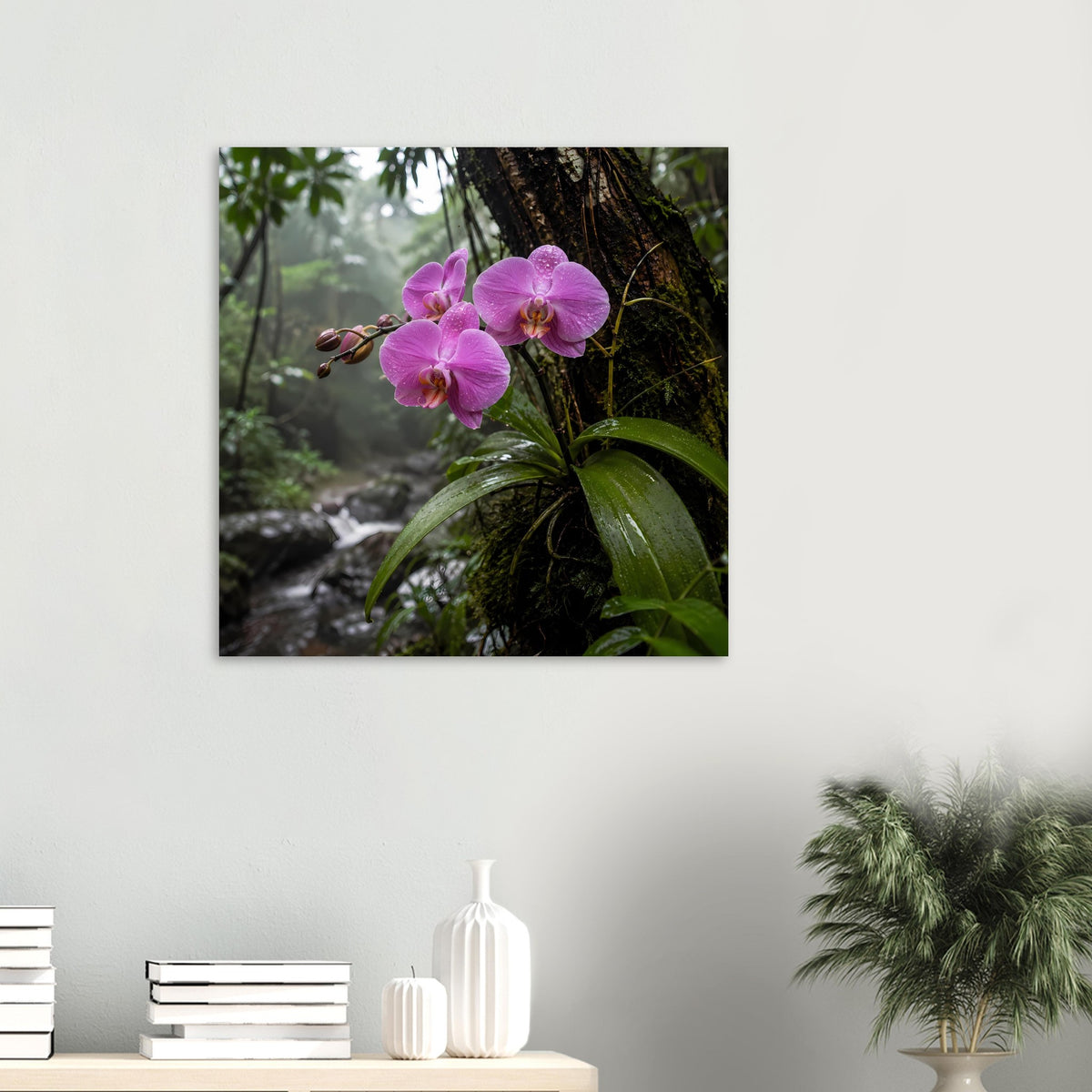 Wandposter mit rosafarbenen Orchideen, tropischer Vegetation und Wasserlauf