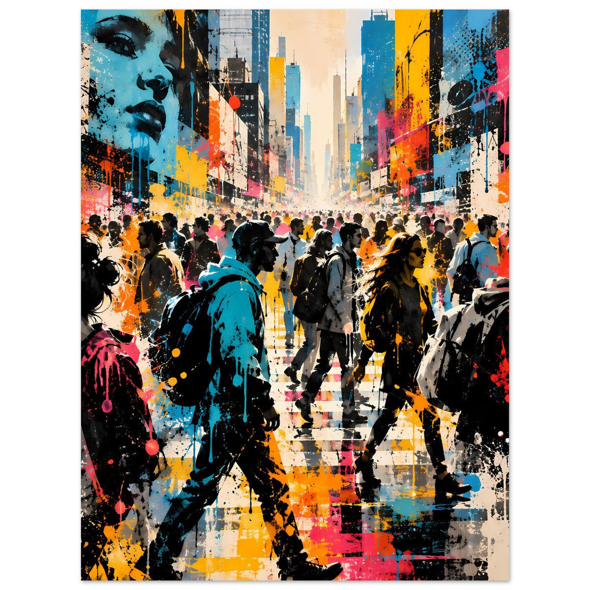 Street-Art-Poster im Hochformat mit Straßenszene, kräftigen Farben, Sprühnebel und Figuren
