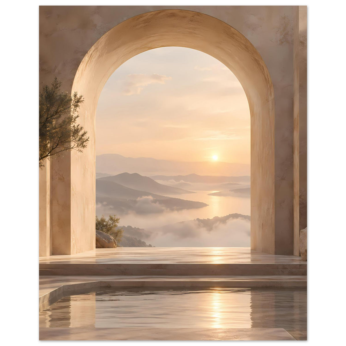 Poster mit Sonnenuntergang, Bogenöffnung und Berglandschaft mit Dunstschichten
