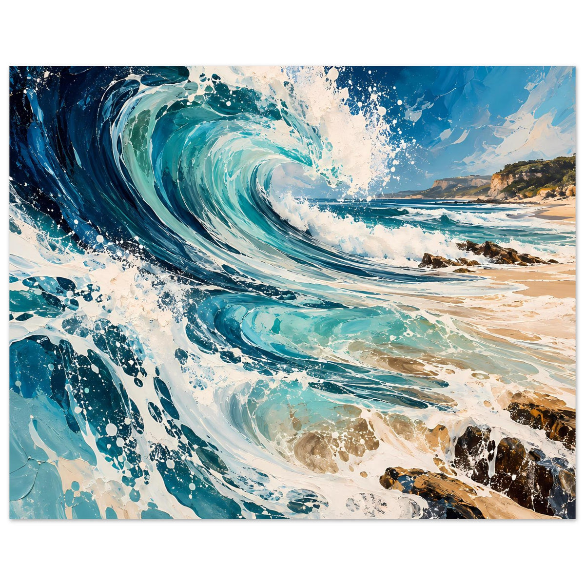 Ozeanwellen-Poster mit türkisblauer Welle, weißem Sprühwasser und Küste