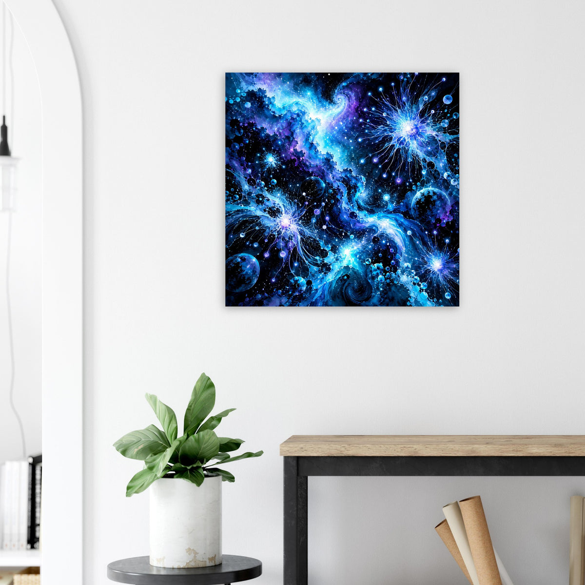 Galaktisches Poster mit blauem Nebel und funkelnden Sternen, quadratisch