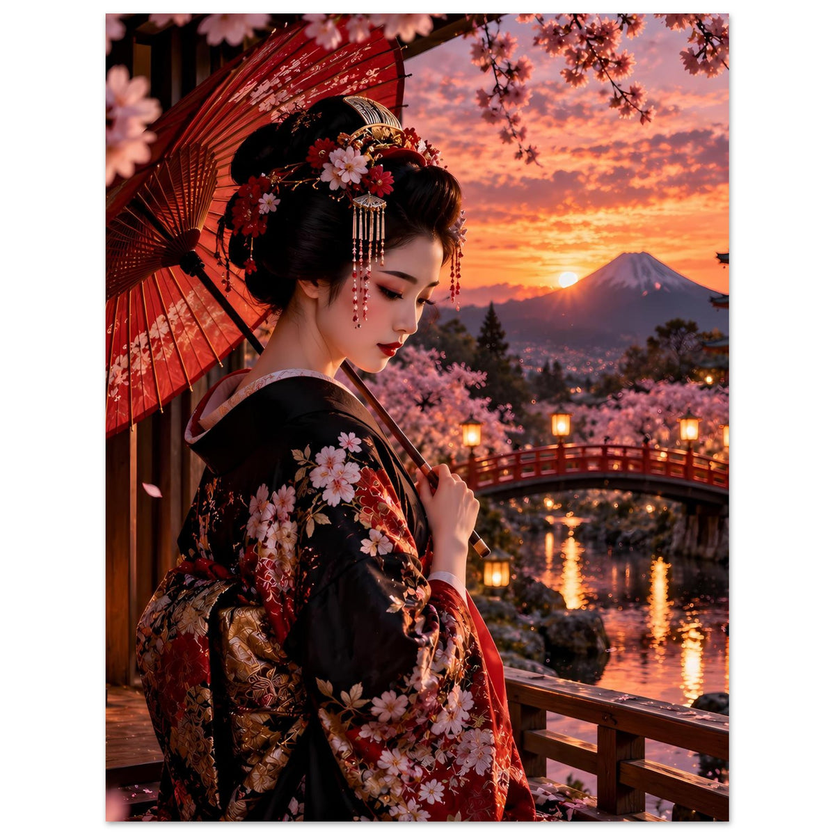 Poster mit japanischer Frau im Kimono und Kirschblütenmuster, rotem Schirm