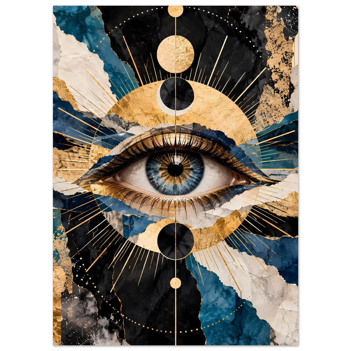 Kunstposter mit ruhigem Auge, goldene Kreise, schwarze Details und blau-türkise Steinoptik