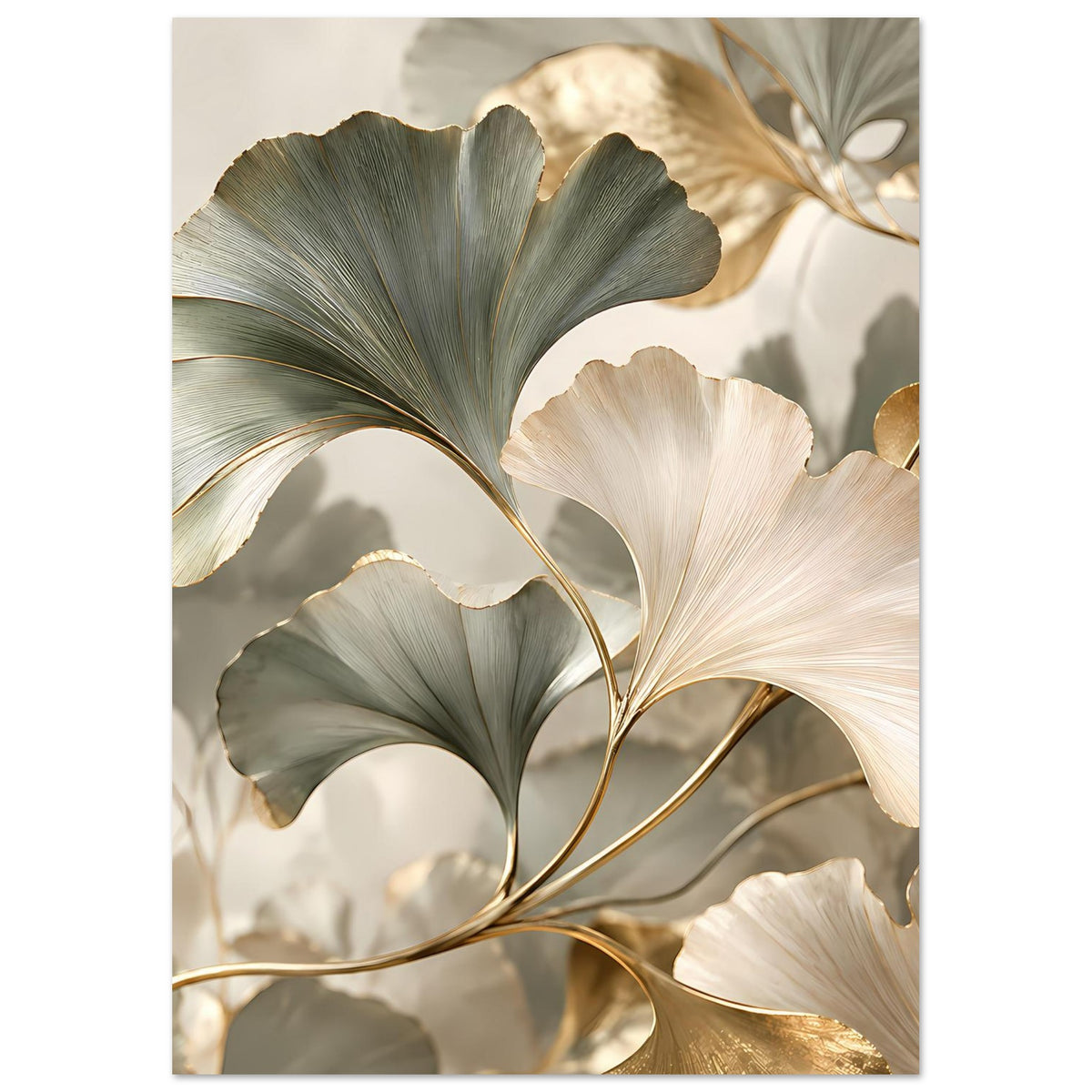 Poster mit Ginkgo-Blättern in sanftem Grün, Creme- und Goldlinien, hochformatig
