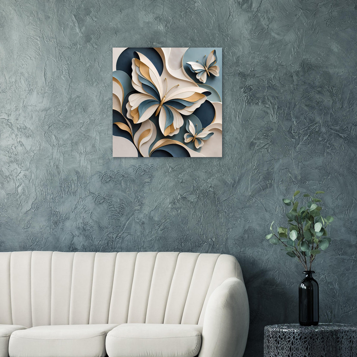 Premium-Poster mit Blumen- und Schmetterlingsmotiv in Blau, Gold und Creme
