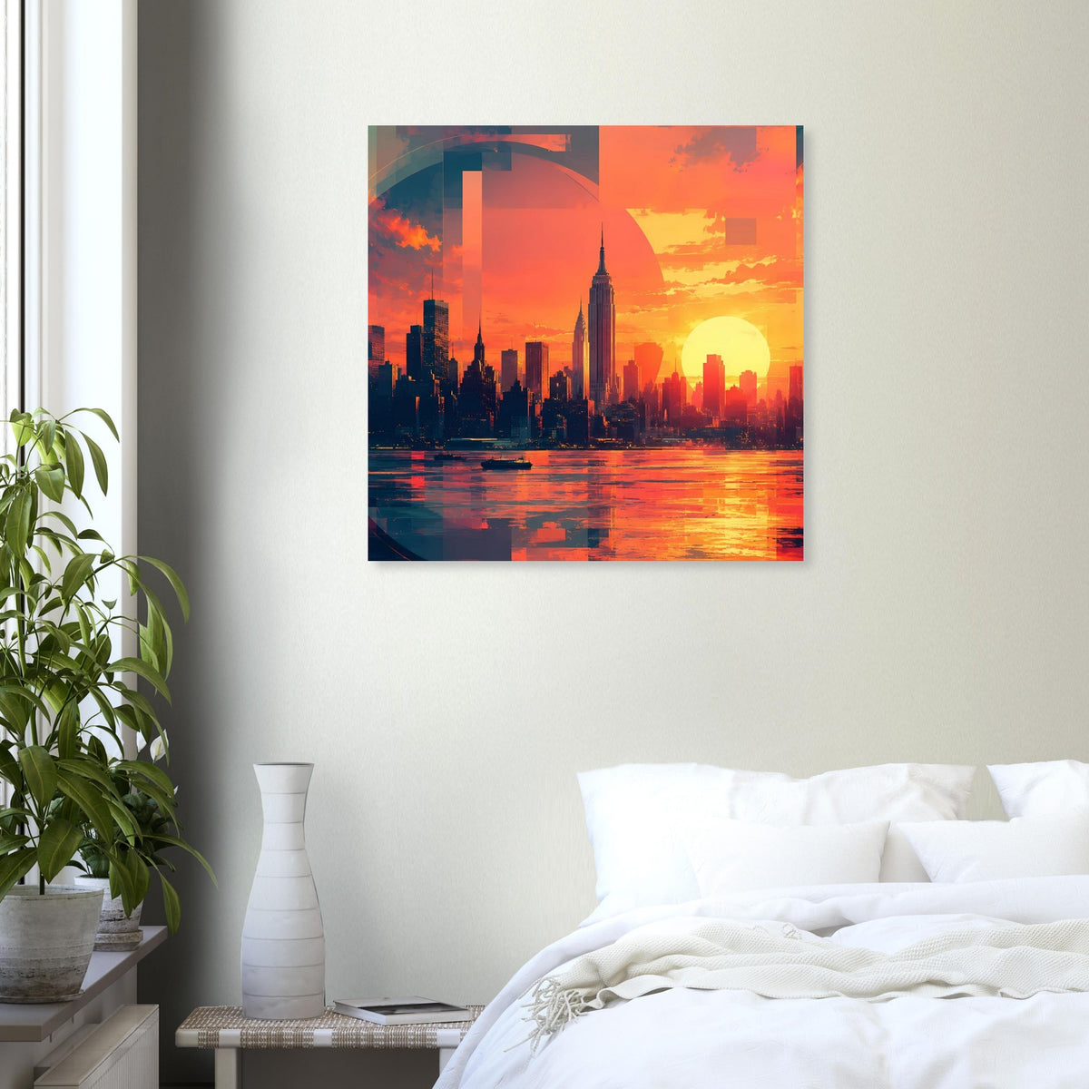 Quadratisches Wandposter mit Stadtansicht im Sonnenuntergang, orangefarbener Himmel und Reflexe.