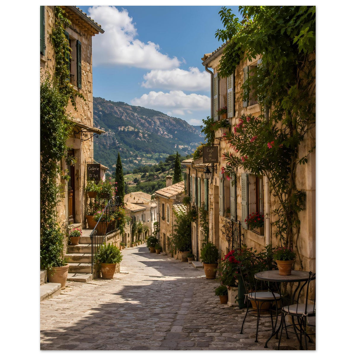 Mediterranes Poster: Gasse mit alten Steinhäusern, Töpfen und Blick in die Berge