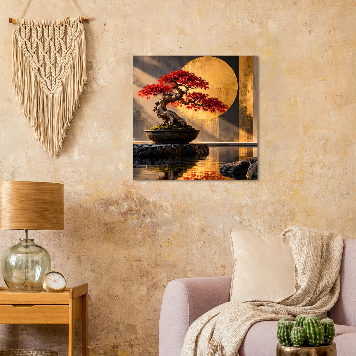 Bonsai-Wandbild: roter Ahornbaum über dunkler Schale, goldener Hintergrundkreis, Spiegelung