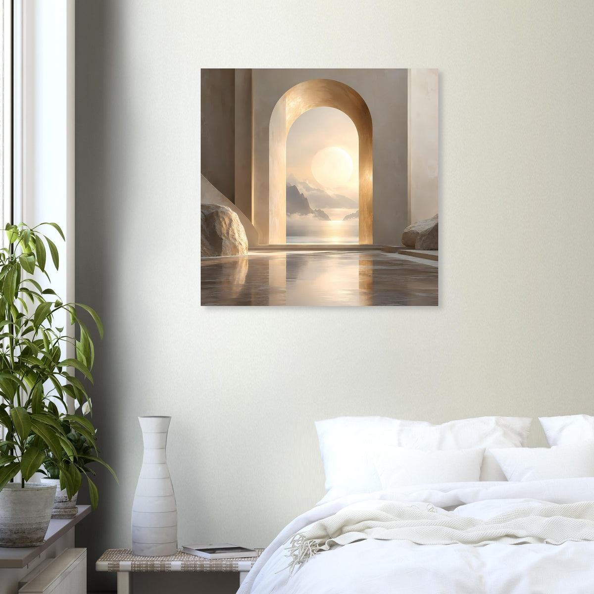 Wandposter: goldener Torbogen mit Blick auf Sonnenuntergang über ruhiger Wasseroberfläche