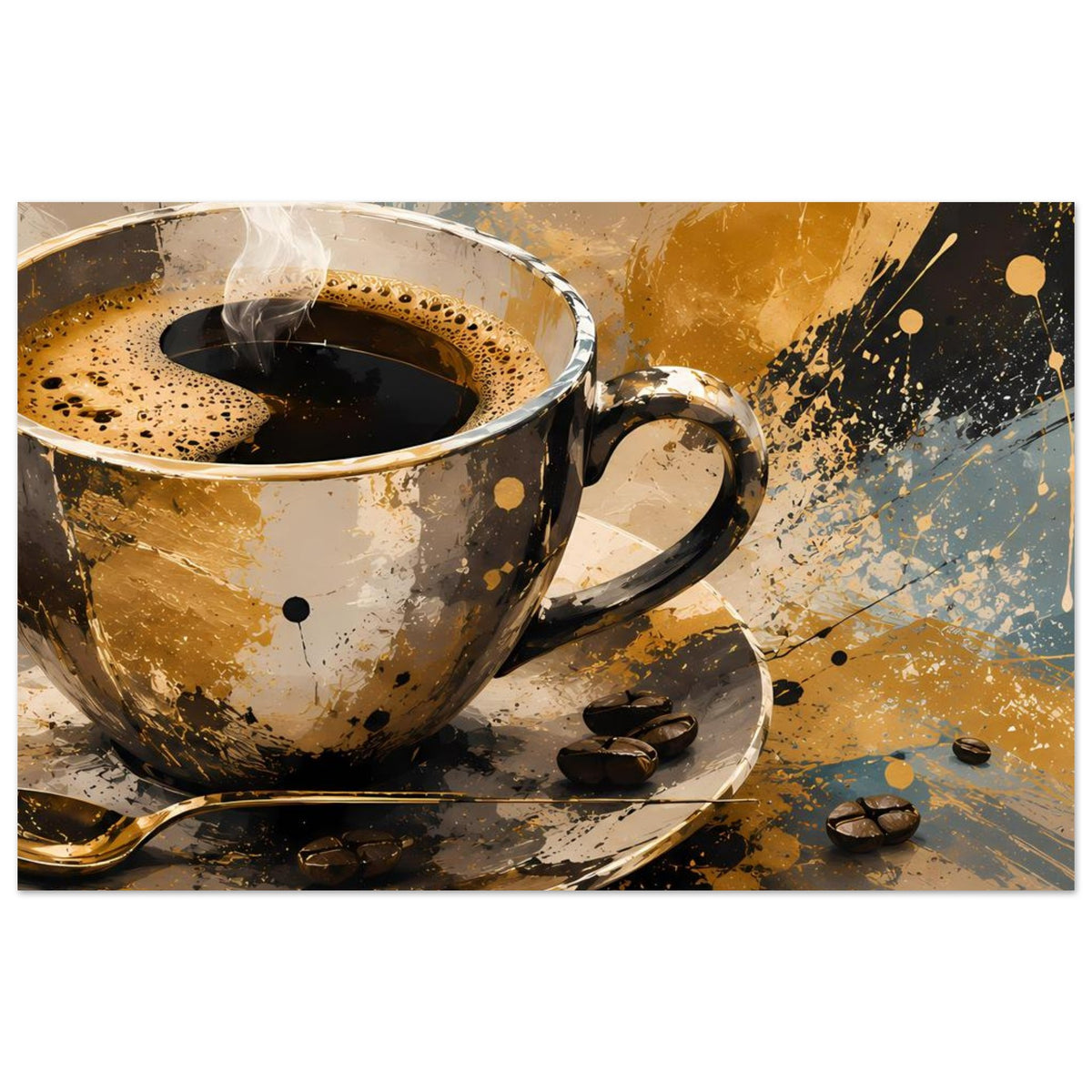 Kunstposter mit Kaffeetasse und Dampf über Untertasse, mit Kaffeebohnen und abstrakten Farbflecken