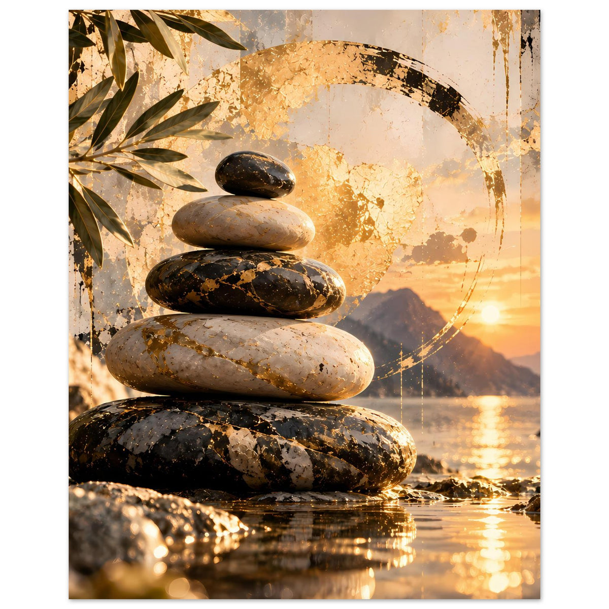Zen-Poster mit Steinstapel, gold-brauner Kreislinie und Sonnenuntergang im Hintergrund