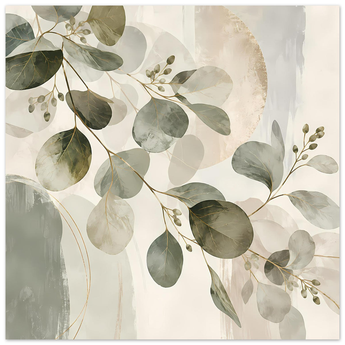 Botanisches Kunstposter mit Blättern, Zweigen und Beeren, warmes Beige-Grün-Farbspiel