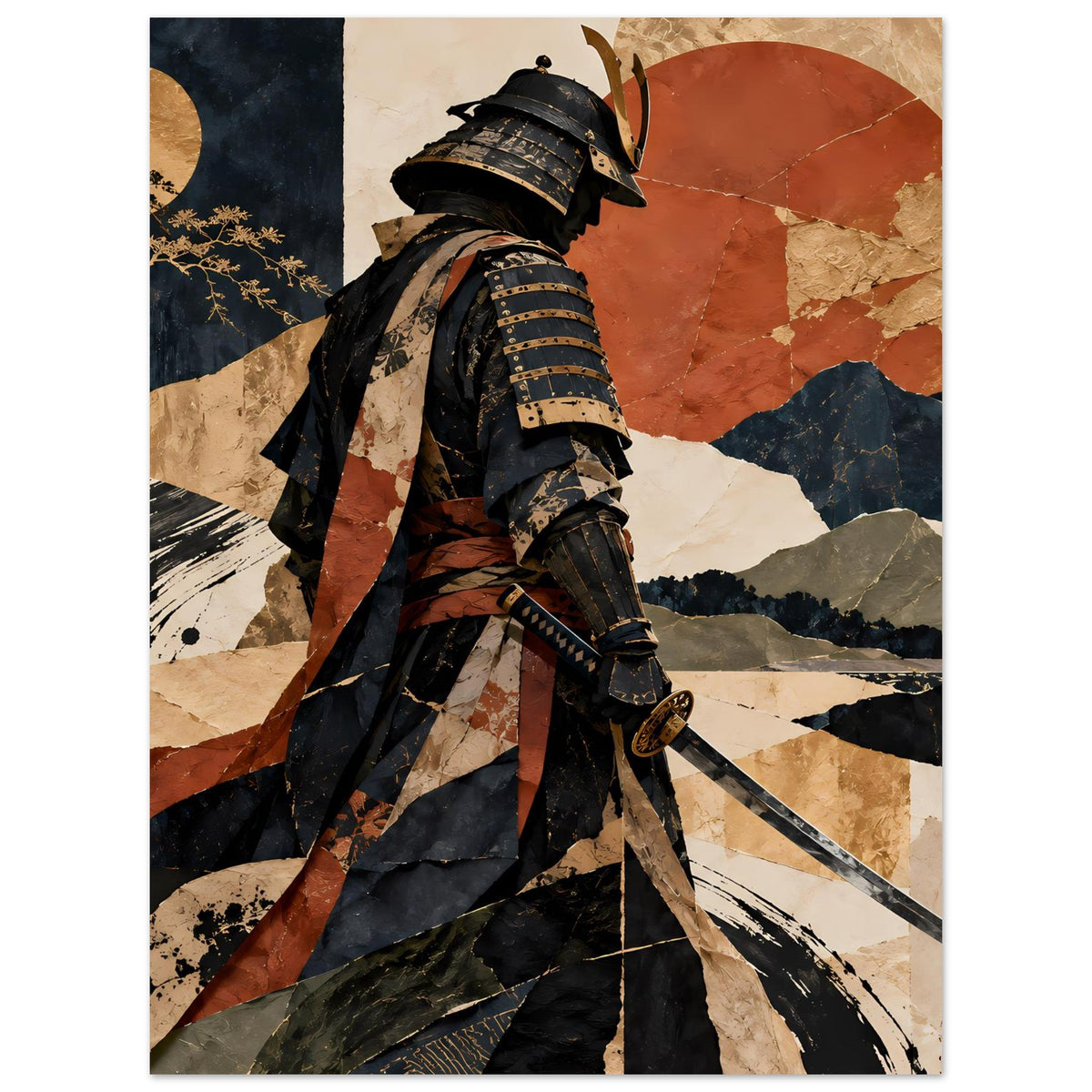 Vertikales Poster mit Samurai in dunkler Rüstung und Schwert, abstrakte Landschaftsformen