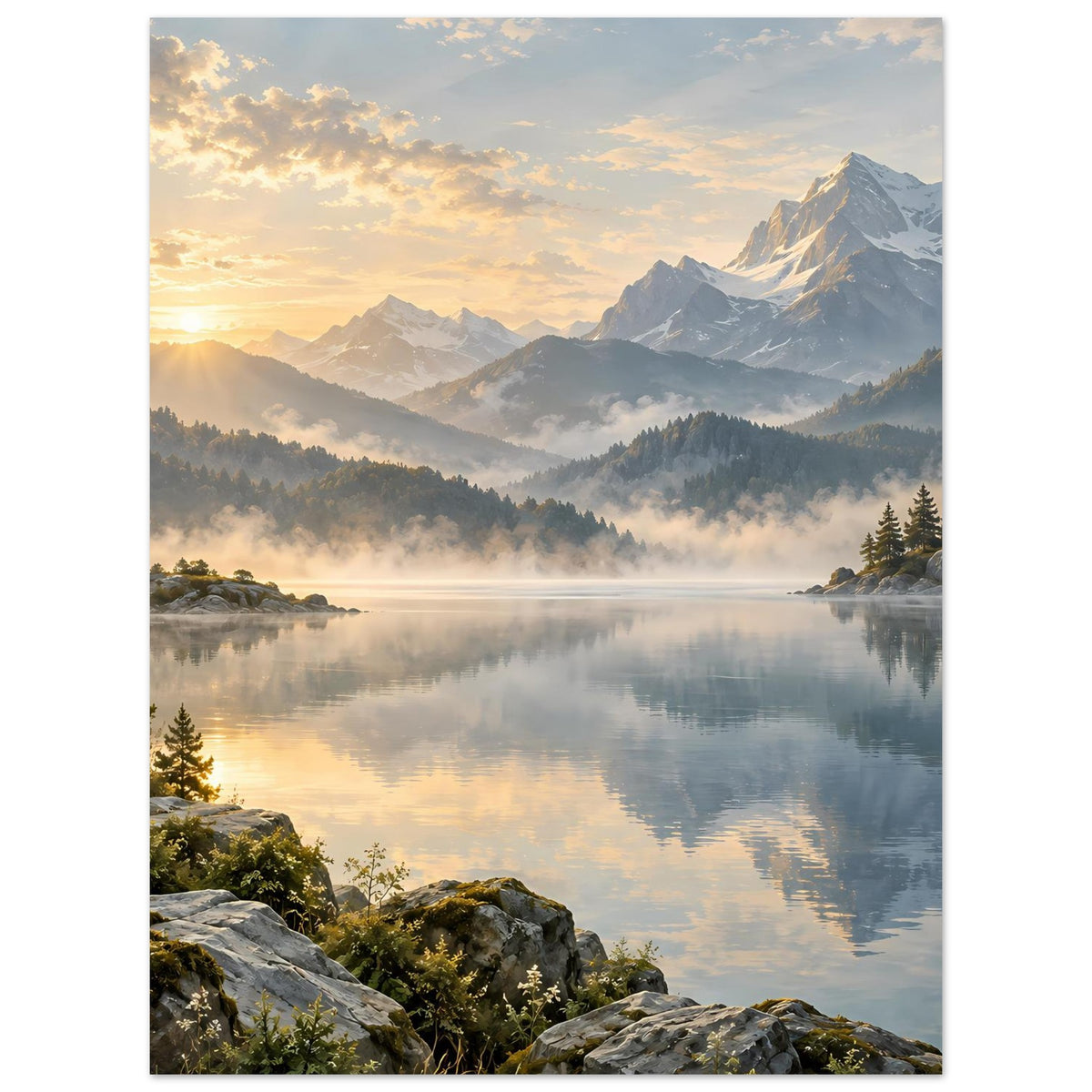 Landschaftsposter mit Bergsee bei Sonnenaufgang, Nebelzug und Uferfelsen unten