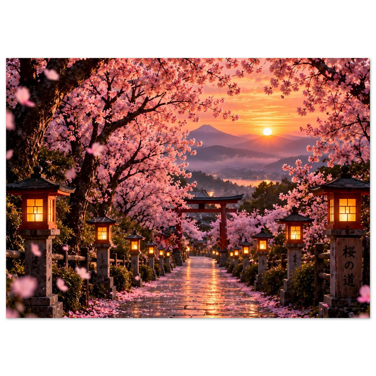 Sakura-Poster: Kirschblütenallee mit Torii, warmes Licht der Sonne und Laternen am Weg