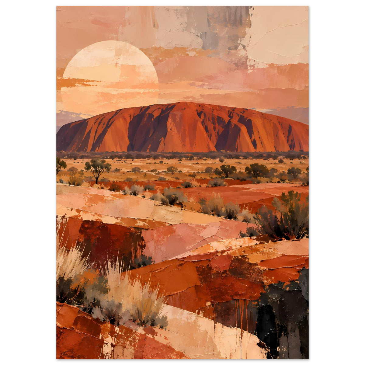 Vertikales Wüstenlandschafts-Poster mit Ayers Rock, Sonne am Horizont und Wüstenlandschaft