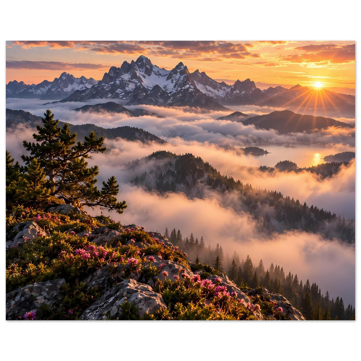 Horizontales Poster: Sonnenaufgang über Bergen, Nebelmeer im Tal und Nadelbaum im Vordergrund