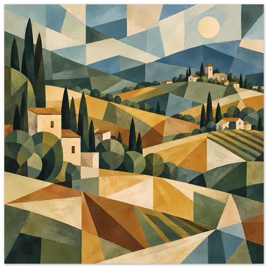 Poster mit geometrischer Toskana-Landschaft: Hügel, Zypressen, Häuser, warmen Erdtönen und Sonne