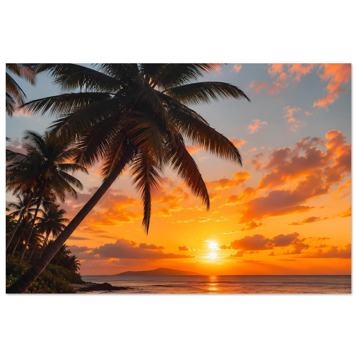 Horizontales Poster: Palmen vor orangefarbenem Himmel und Sonne über der Küste