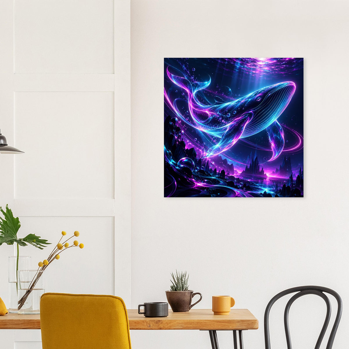 Quadratisches Poster, schwarz gerahmt: Neon-Wal in Blau und Pink mit leuchtenden Bahnen