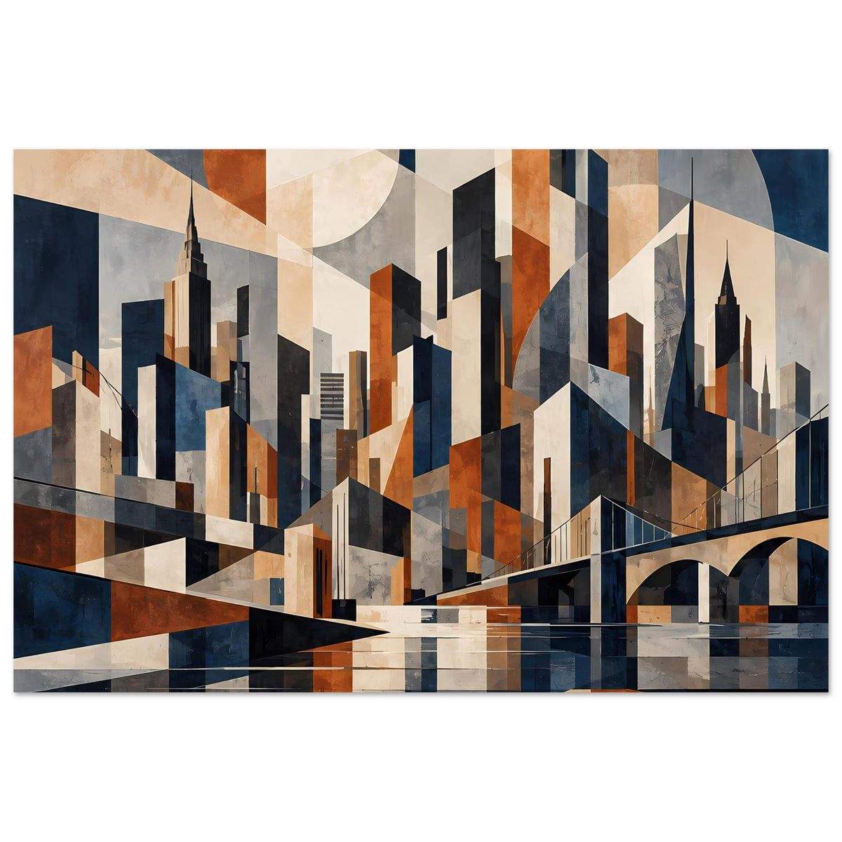 Poster mit geometrischer Stadtsilhouette (Marineblau/Rostrot) und Bogenbrücke rechts
