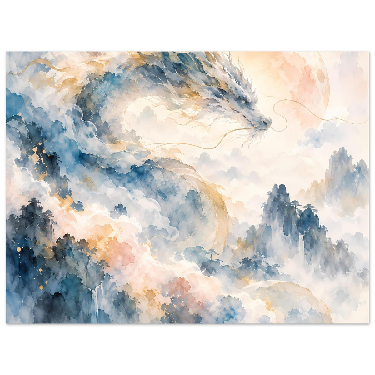 Fantasie-Aquarellposter im Querformat: Drache über nebligem Bergtal