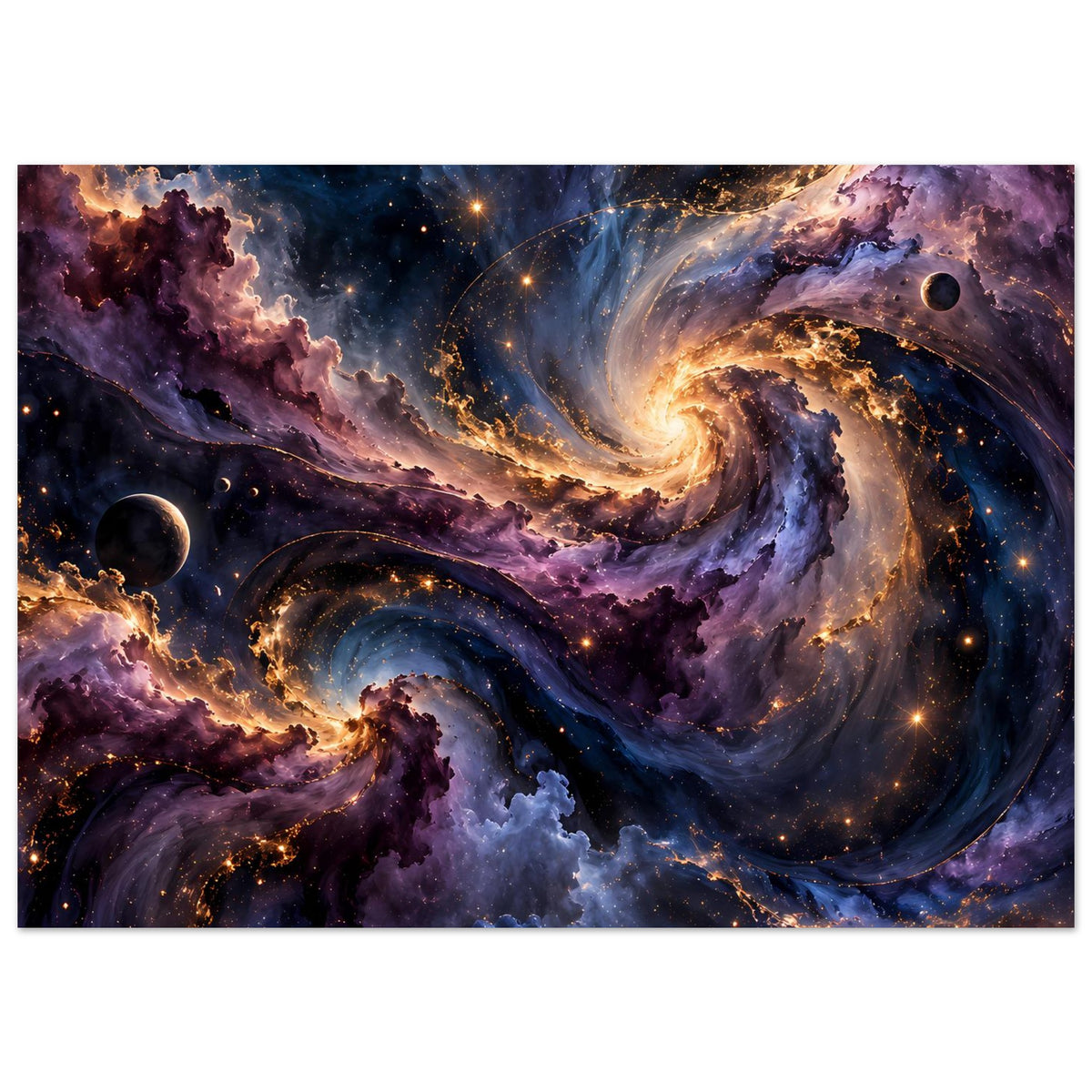 Weltraum-Poster mit kosmischem Nebel und Spiralwirbel, Sternen, Planeten und leuchtenden Gaswolken