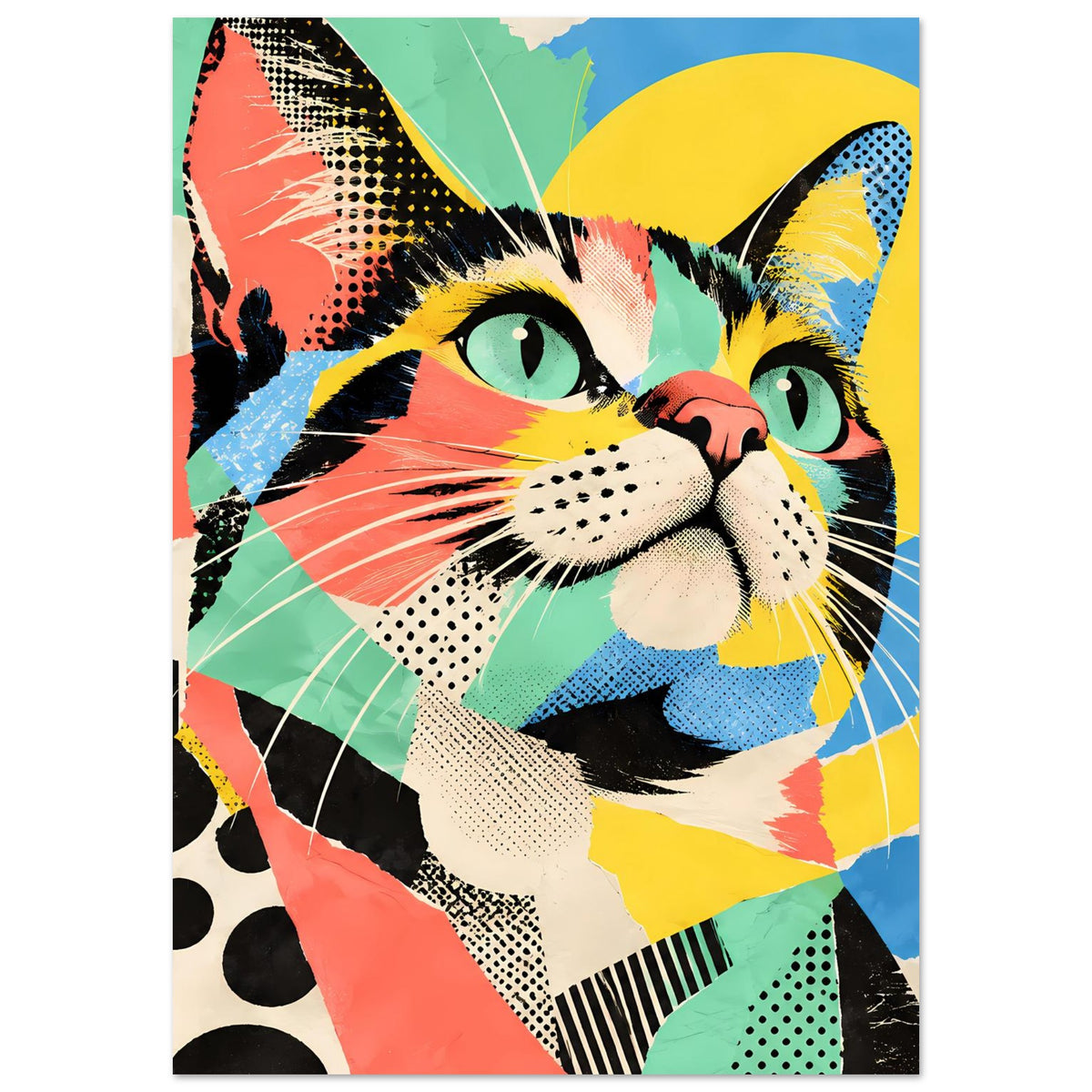 Pop-Art-Katzenposter, vertikale Ansicht: leuchtende Katzenaugen mit bunten Comic-Elementen